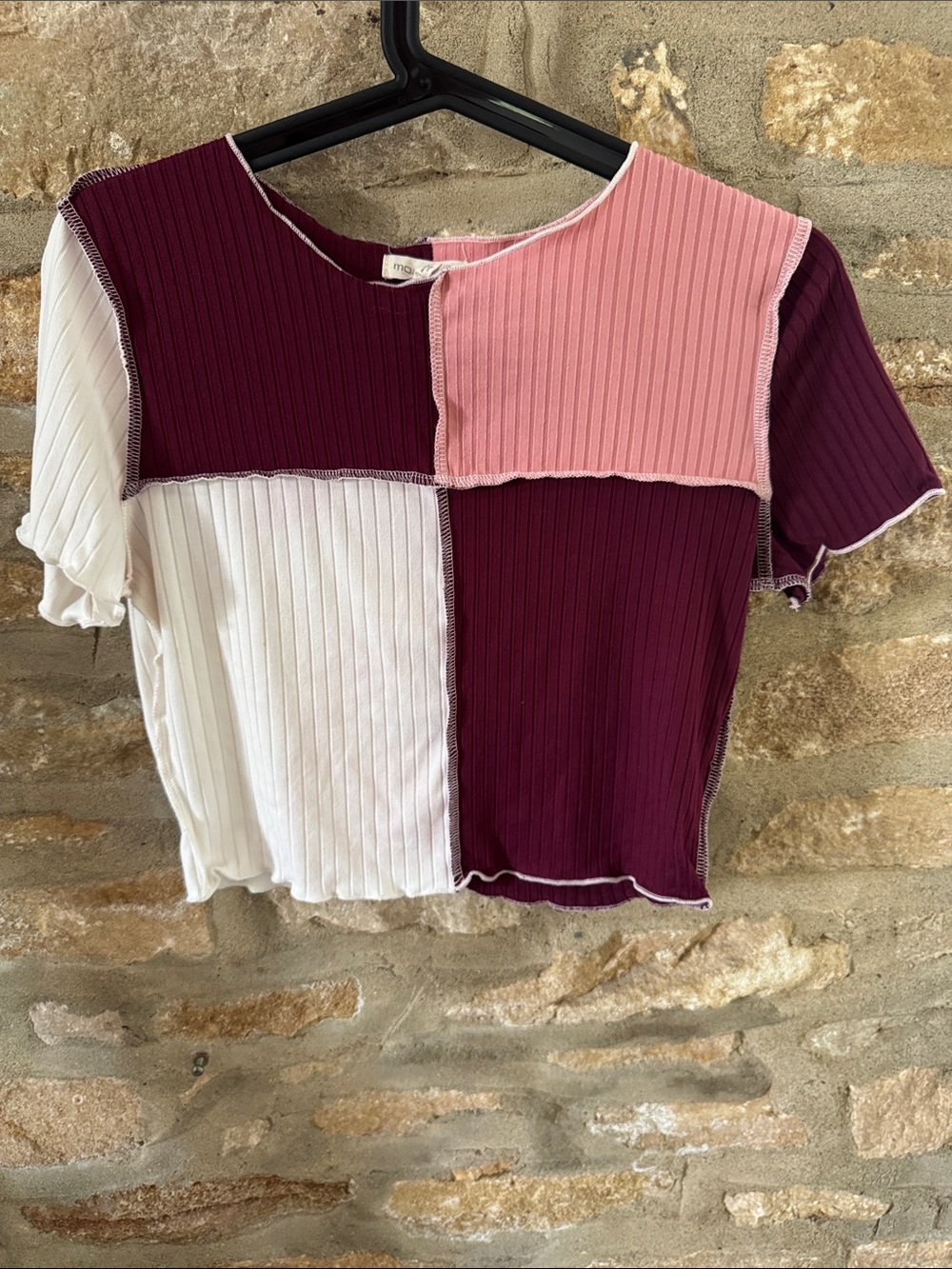 Moa Moa Patchwork Ribbed Short Sleeve Top in Pink, Maroon & White